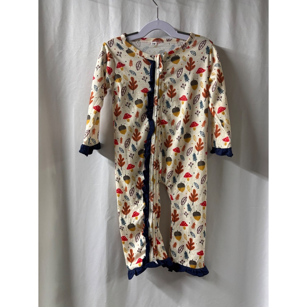 Autumn Mushroom Acorn Print‎ Ruffle Footless Sleeper Pajamas 24M Cream Navy Blue